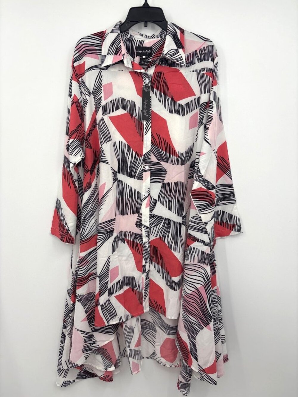Step In Style Long Sleeve Button Tunic Shirt Dress Hi Lo Hem Black Coral 1X NEW